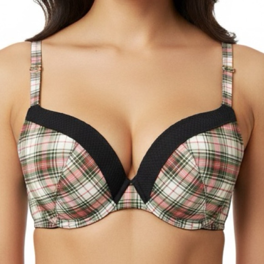 VICTORIA’S SECRET I Bra Plunge Padded Plaid Red White Black Green Size 36D